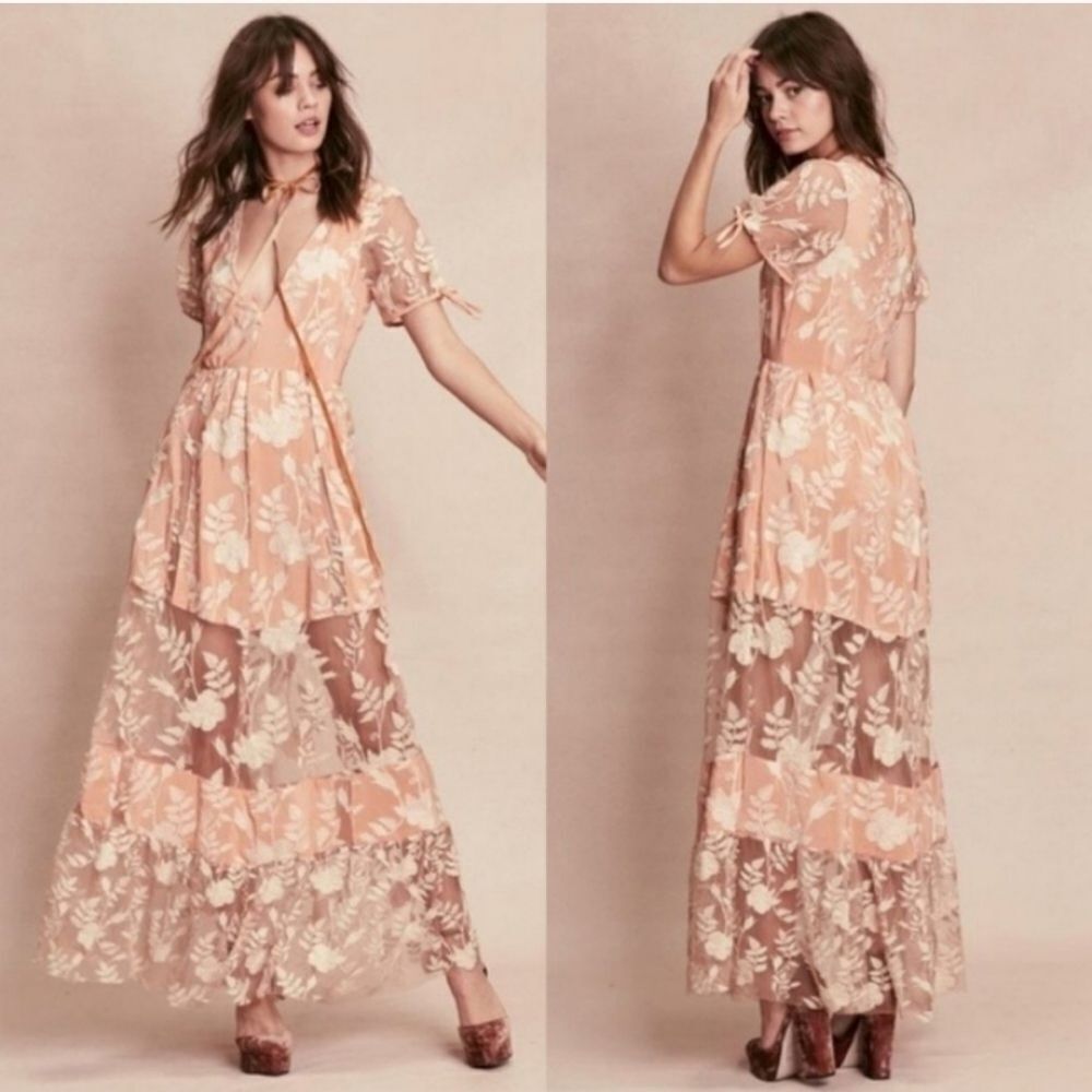 For Love and Lemons Peach Mia Floral Embroidered Sheer Tiered Maxi‎ Dress Small